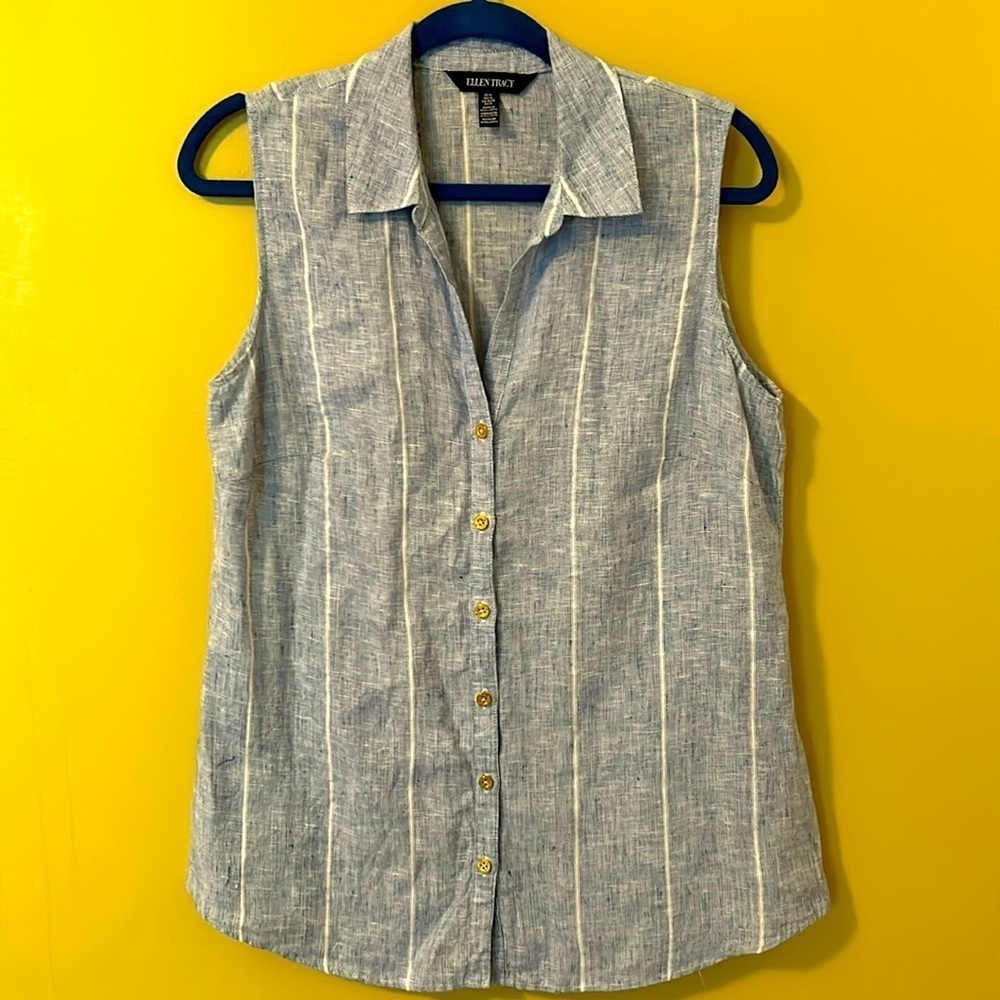 Ellen Tracy Button Down Linen Sleeveless Tunic Top with Gold Buttons Size M